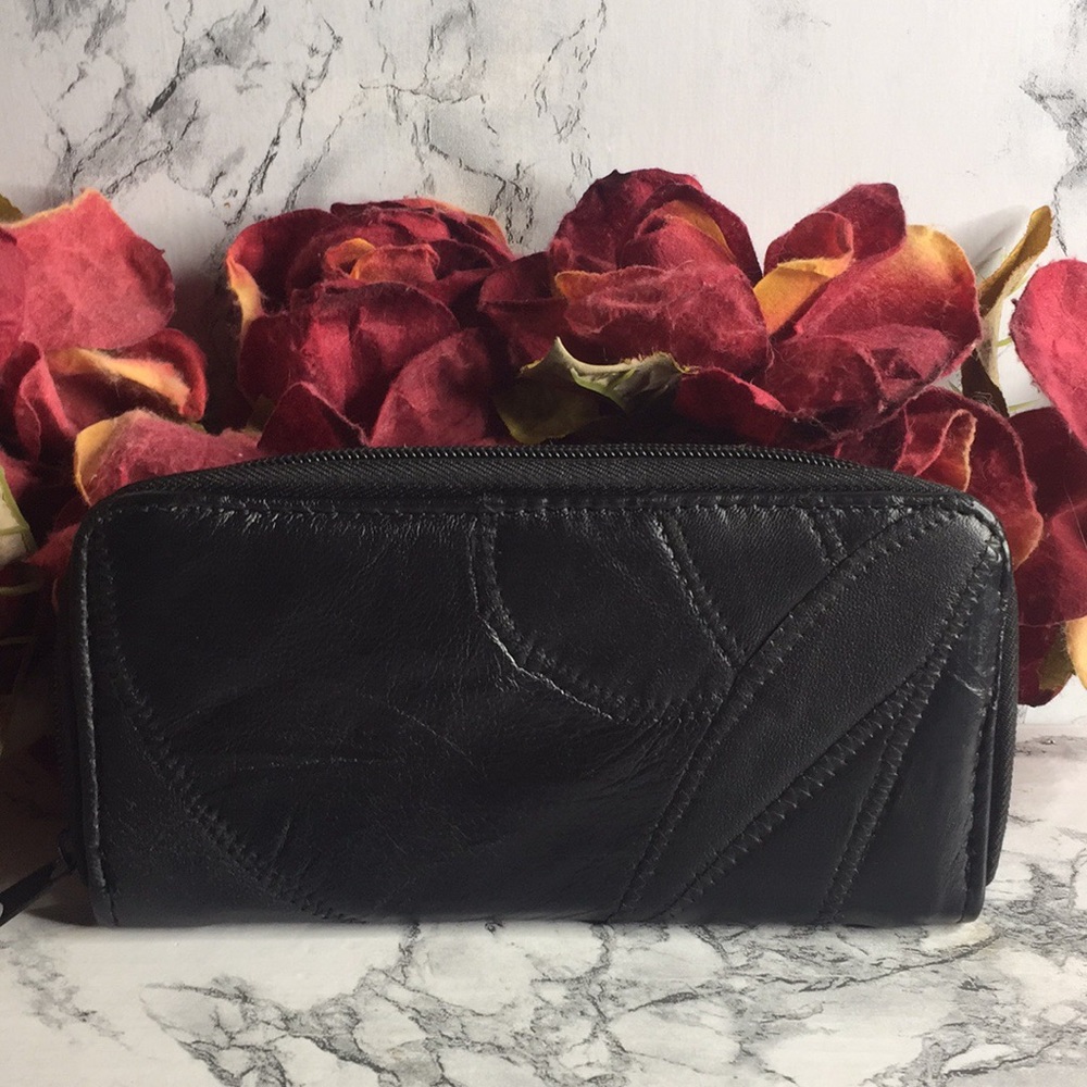 Black Soft Patchwork Leather Zippered Continental… - image 2